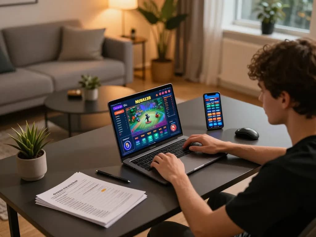 Pengaturan permainan online NUSA138 dengan laptop yang menampilkan permainan kasino yang hidup.