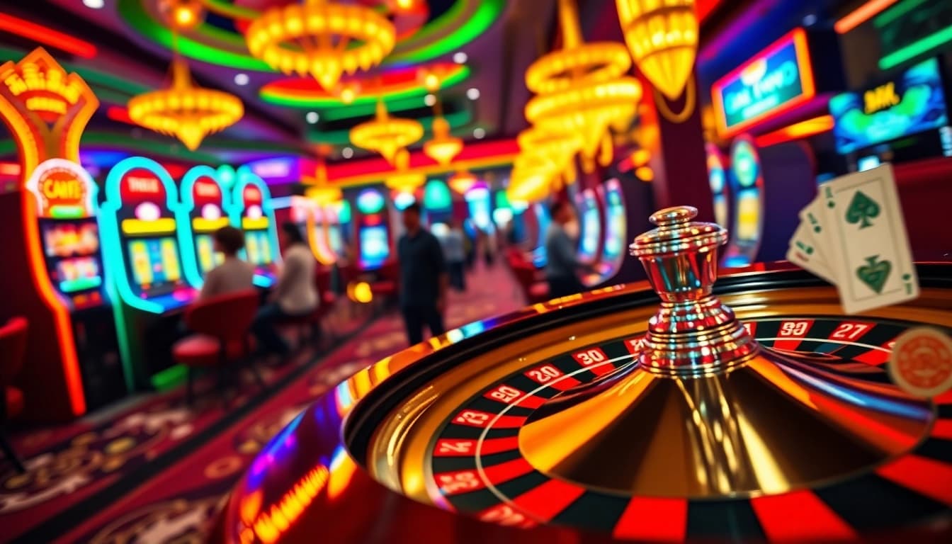 Experience the thrill of 18vip娱乐 with a vibrant casino scene featuring roulette and slot machines.