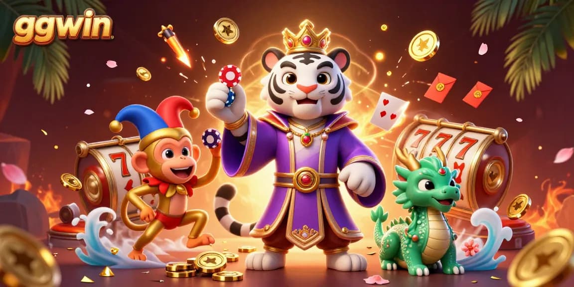 Engage in thrilling gameplay with ggwin, featuring a lively scene of a white tiger and monkey in an exciting casino atmosphere.