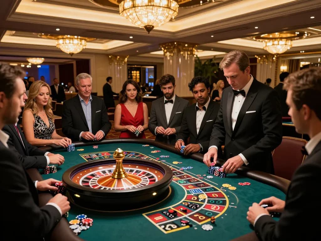 Players at a roulette table in a vibrant casino setting, engaging in a strategic mb66 betting experience