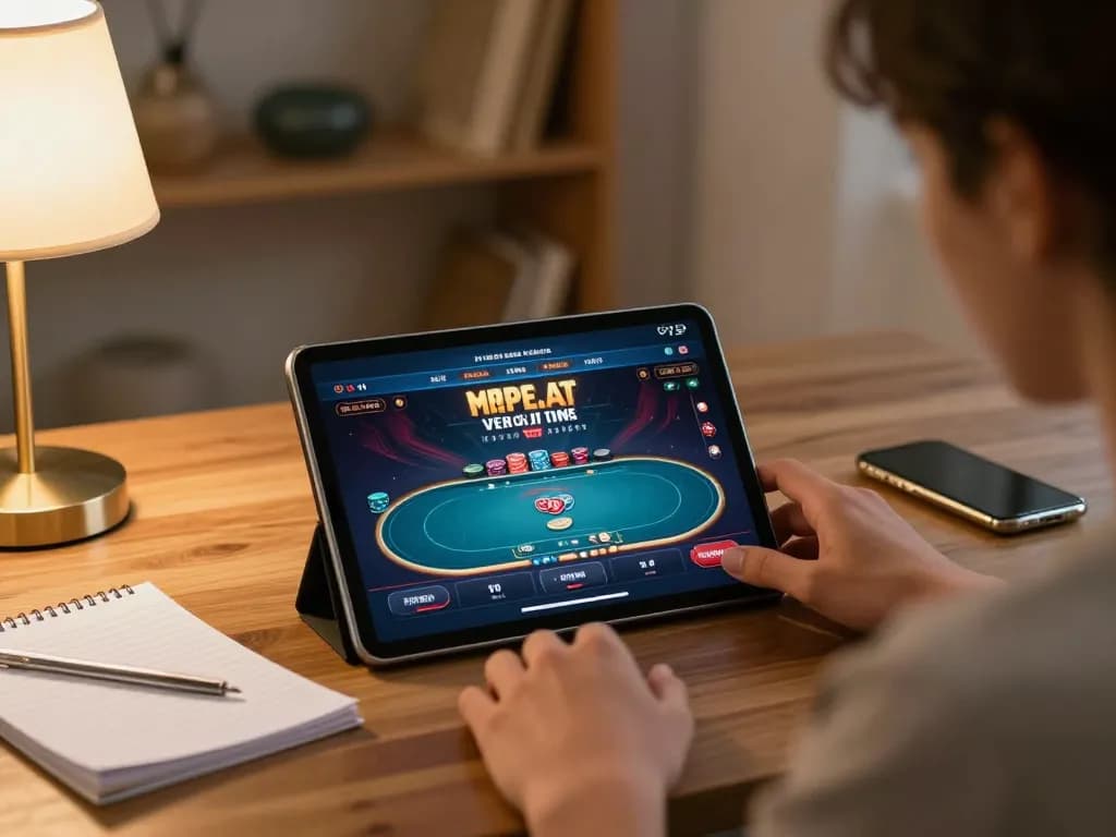 Engage in thrilling online poker action on pageonelit using a tablet in a cozy home setting.