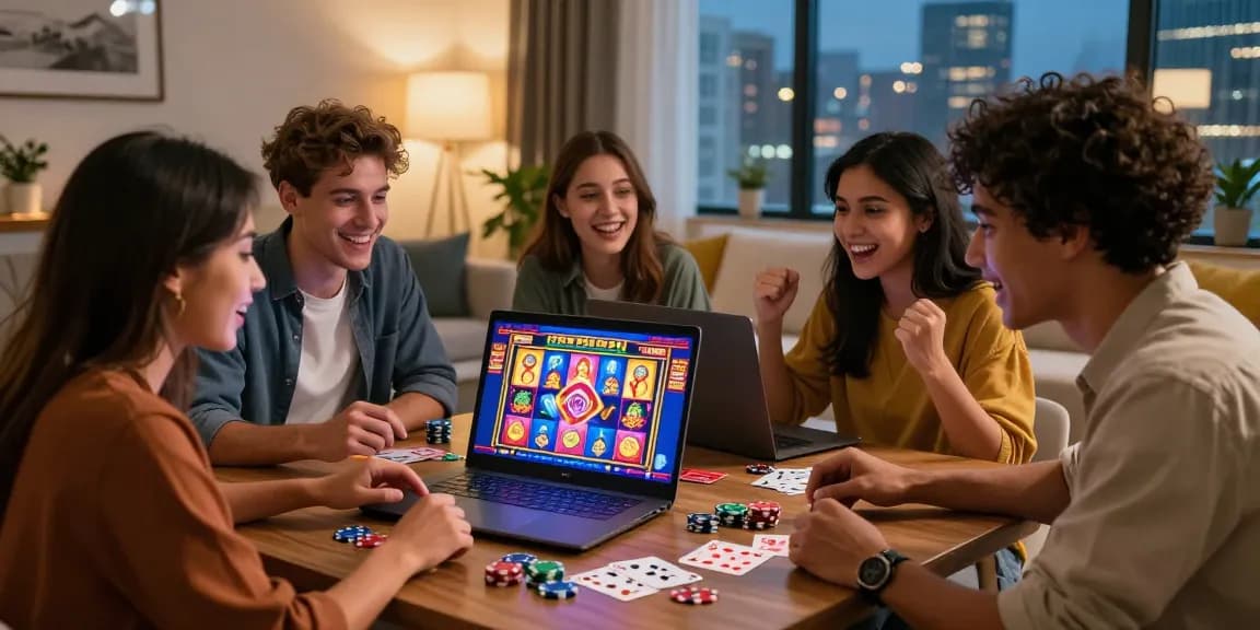 Excited friends exploring new online casinos on a laptop with colorful game graphics.