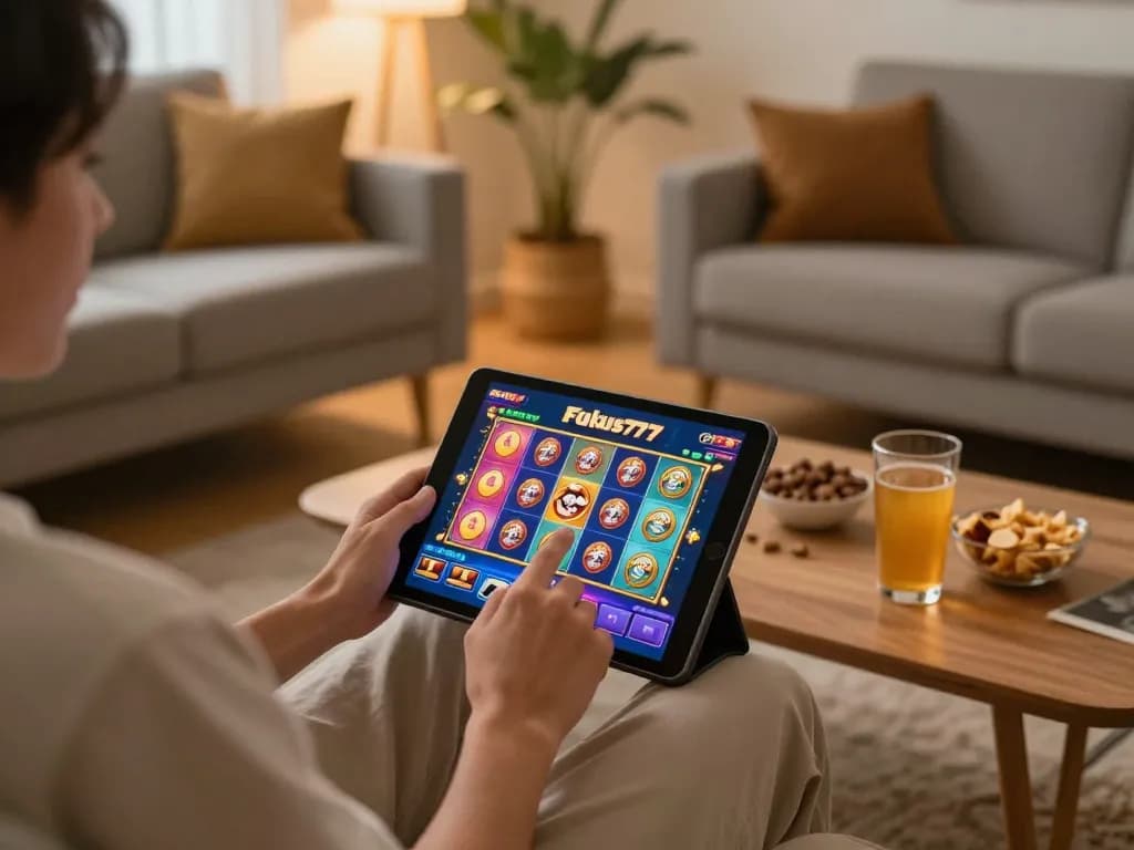 Engaging in Fokus777 slot games on a tablet in a cozy living room, creating a fun online gambling experience