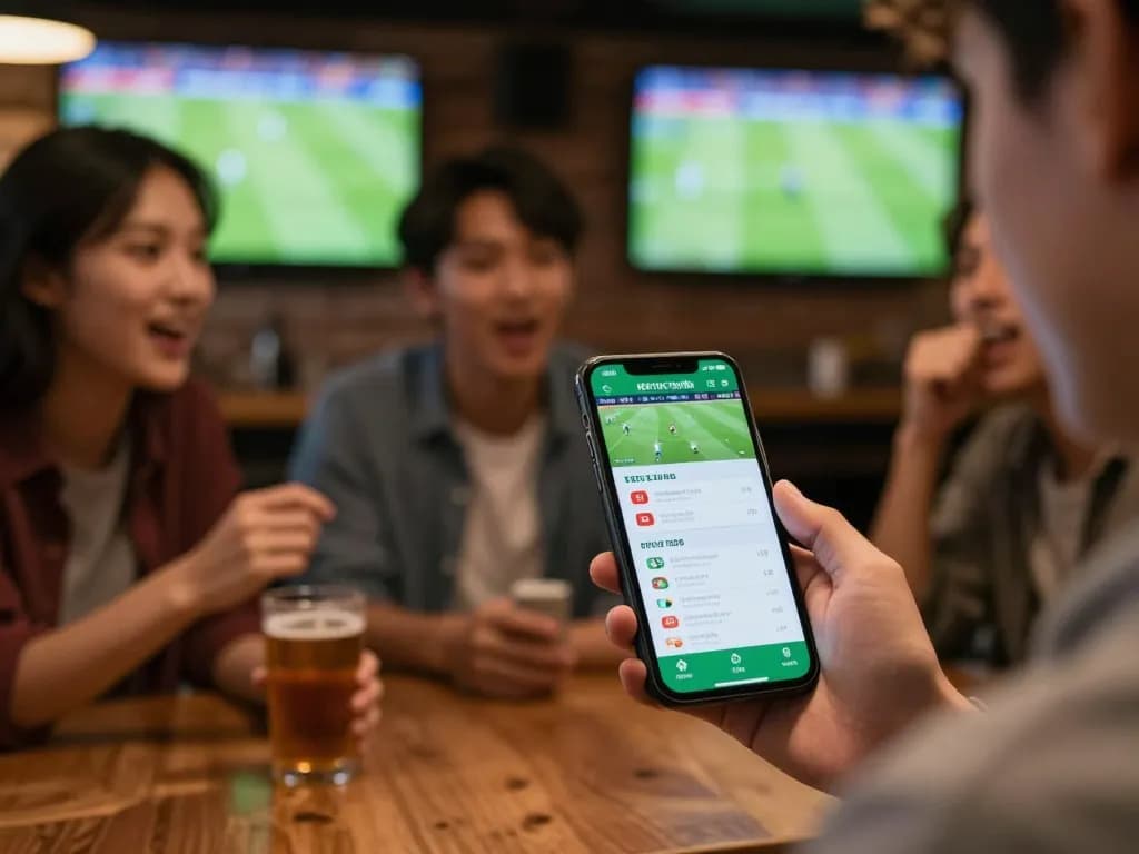 KÈO TRỰC TUYẾN sports betting excitement with smartphone app live odds in a vibrant sports bar.