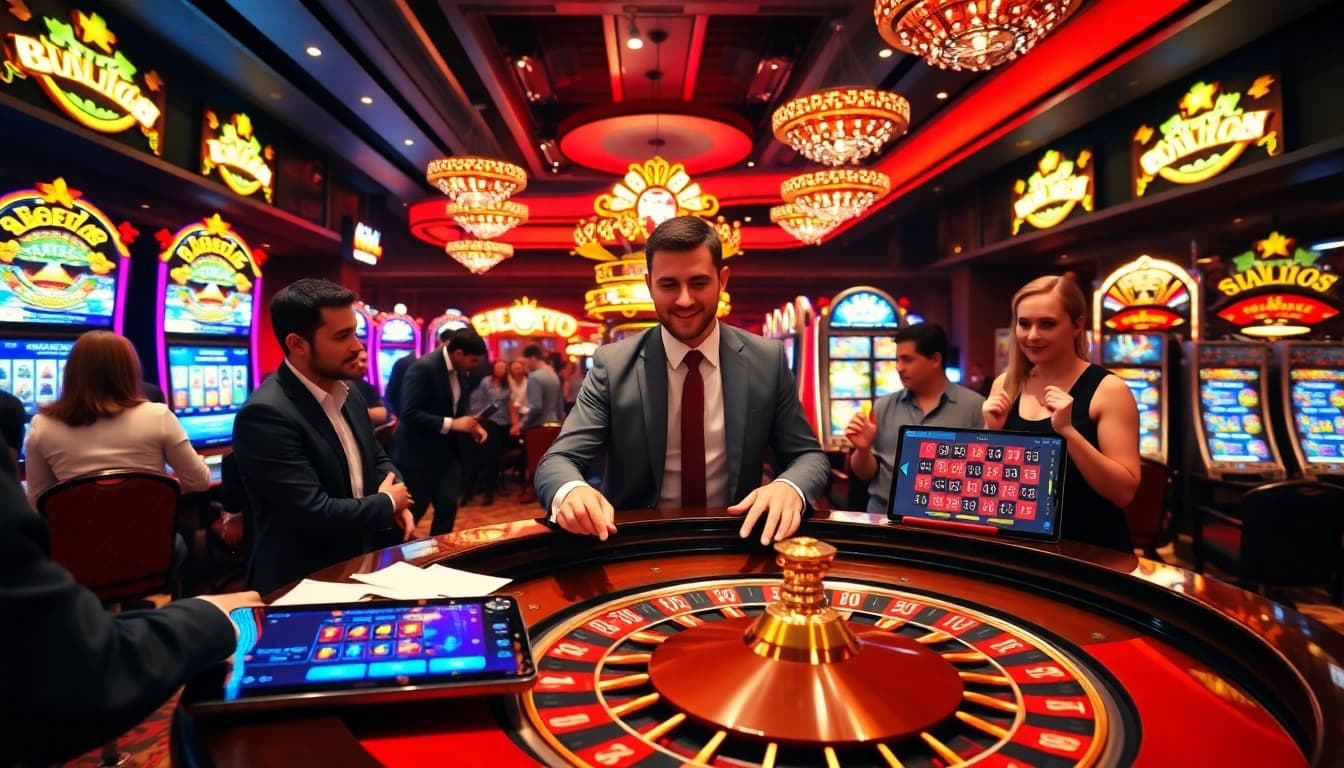 Situs11 players engaged at a lavish casino roulette table with vibrant slot machines.