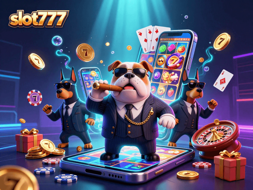 Win big with slot777 in an ultra-detailed casino scene featuring a mafia bulldog and Doberman bodyguards.