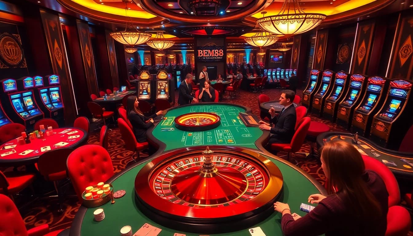 BEM88 gaming atmosphere with luxurious poker tables and vibrant slot machines in action.