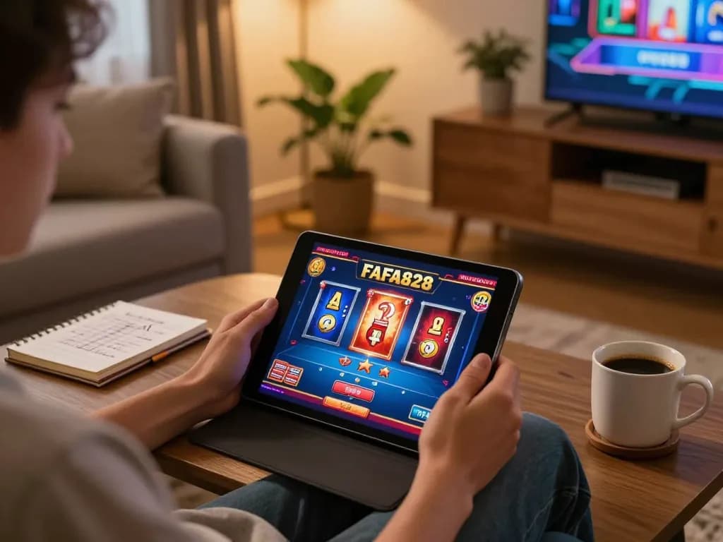 Engaging scene of a player enjoying FAFA828 on tablet, showcasing dynamic online casino graphics.