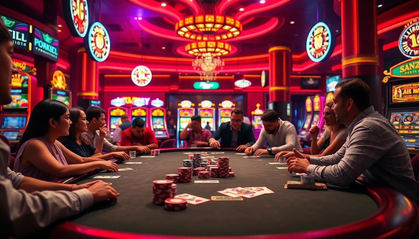 Exciting scene of players at a poker table highlighting the thrill of Diwa 777 in a vibrant casino.