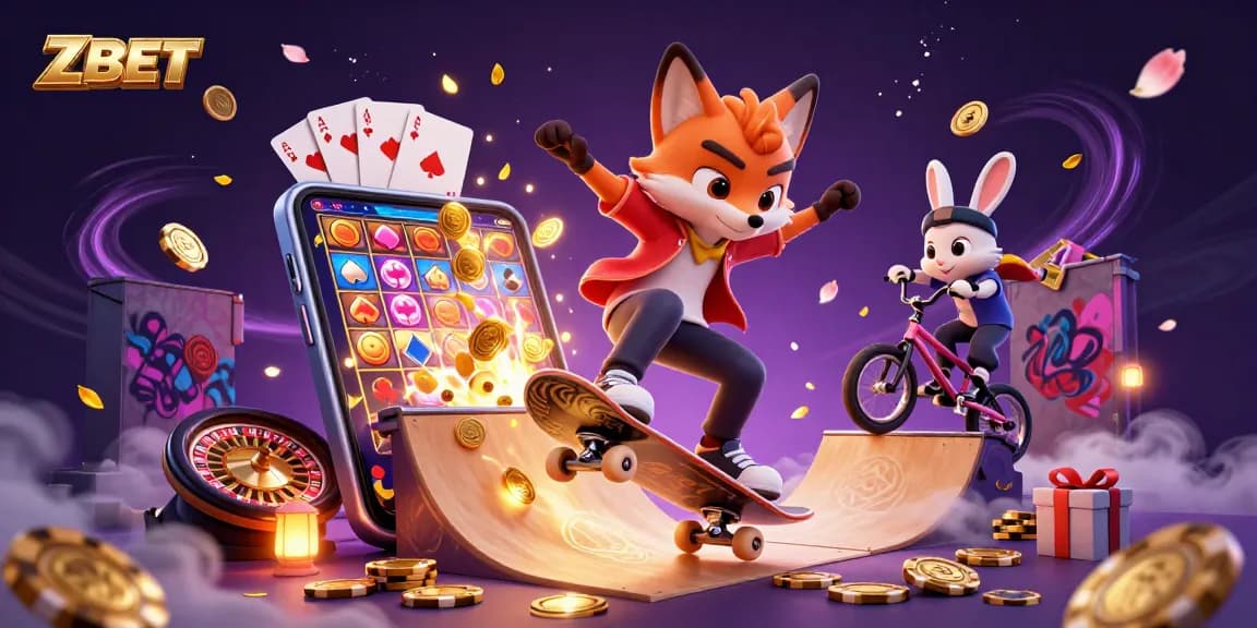 ZBET gaming illustration with a skateboarder fox and BMX rabbit, showcasing casino thrills and dynamic action.