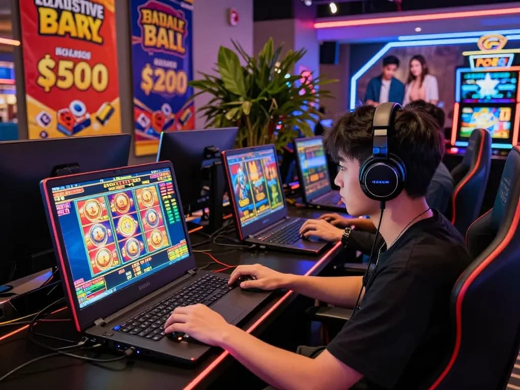 A gamer experiencing nk88 in a vibrant online casino environment with animated slot machines and colorful graphics.