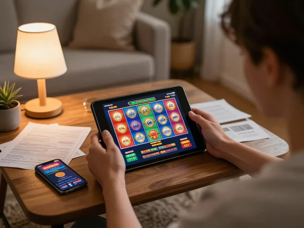 Berinteraksi dengan permainan slot idn777 di tablet dalam suasana rumah yang nyaman untuk pengalaman judi yang bertanggung jawab
