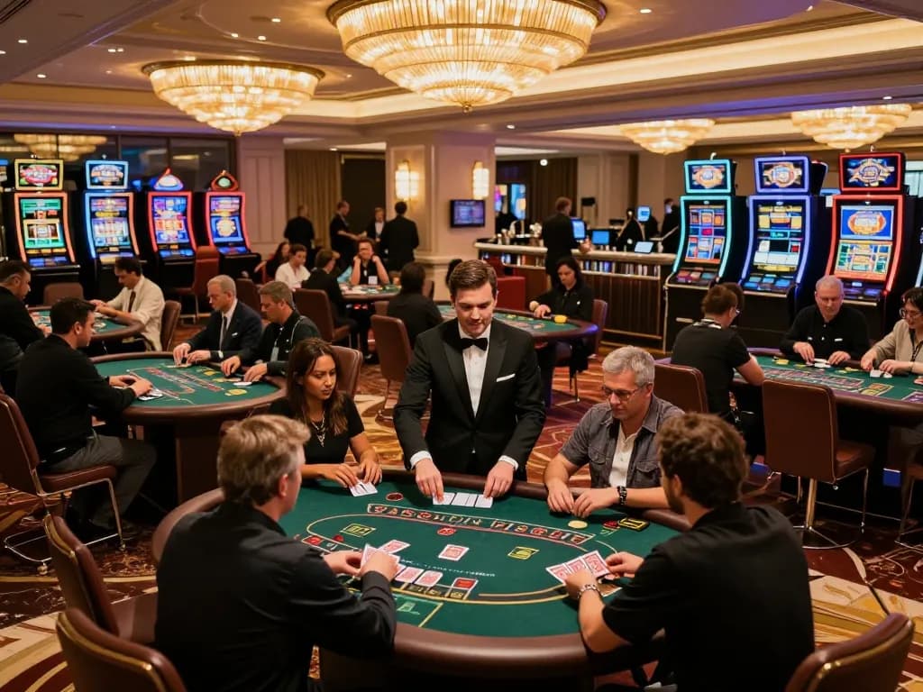 Suasana menarik dari permainan blackjack yang intens dengan pemain yang merencanakan strategi untuk peluang yang lebih baik, menampilkan tema creativeblogposts di lingkungan kasino yang ramai.