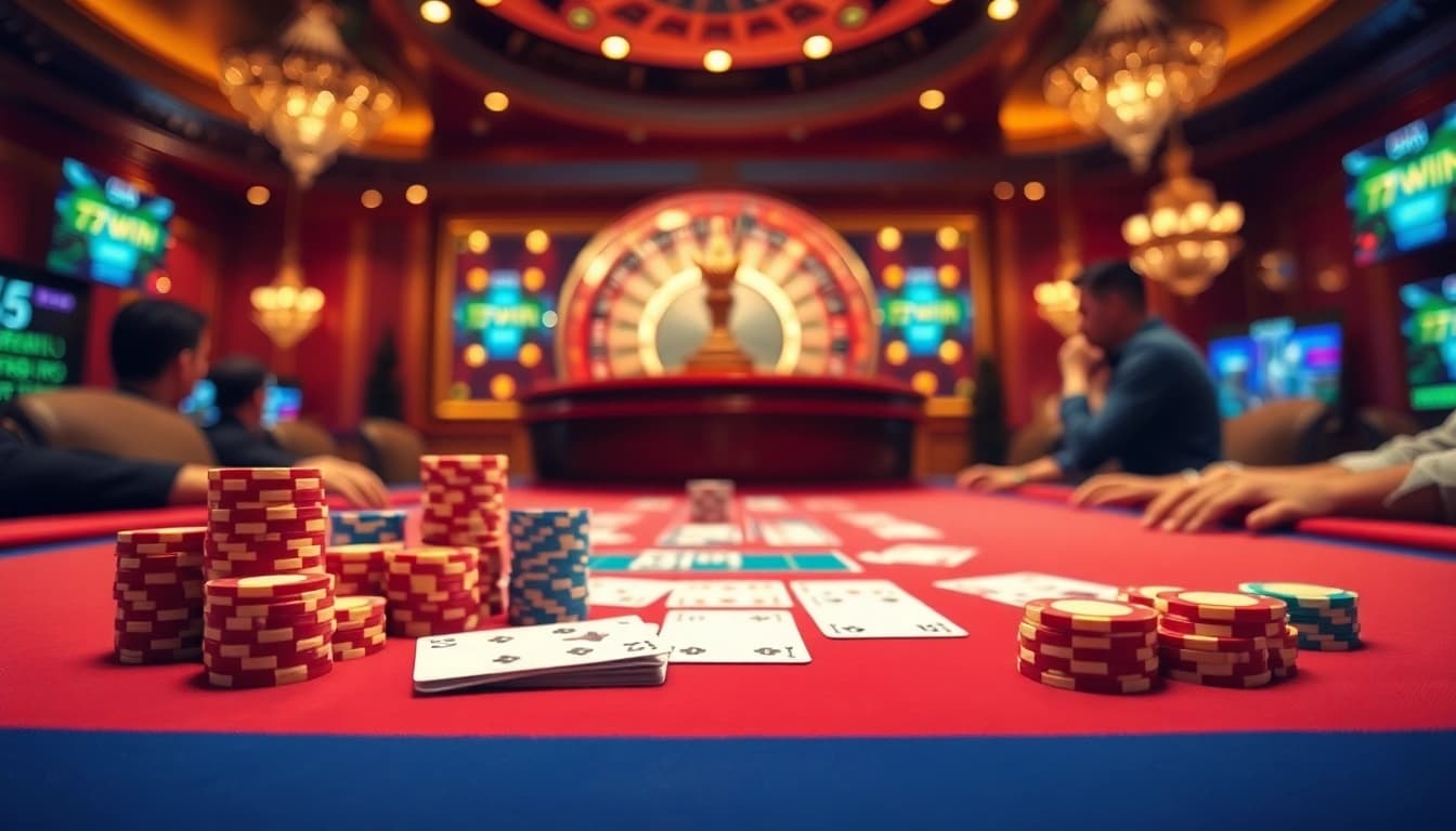 Experience high-stakes gaming with 77win at an exciting casino scene featuring poker chips and cards.