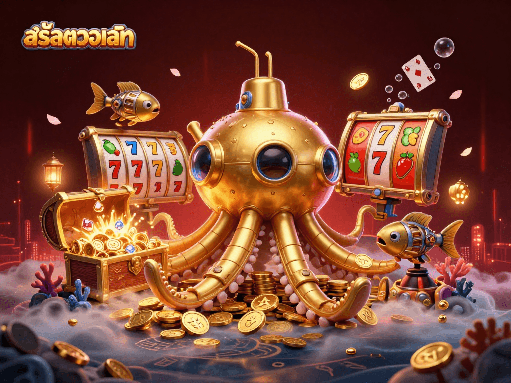 Experience the excitement of สล็อตวอเลท with this vibrant 3D illustration showcasing golden kraken and slot reels.