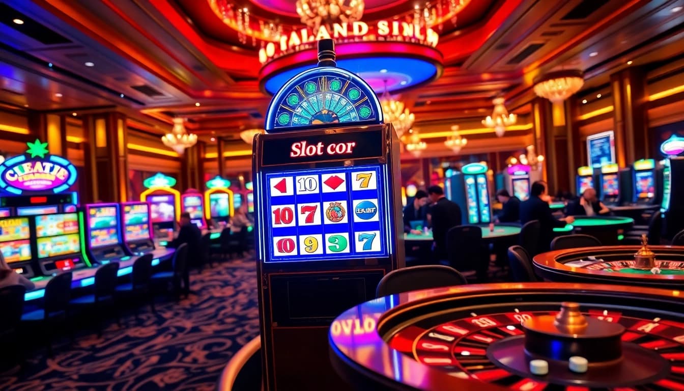 Players enjoying the Slot gacor machine in an elegant casino setting, surrounded by poker chips and roulette wheels.