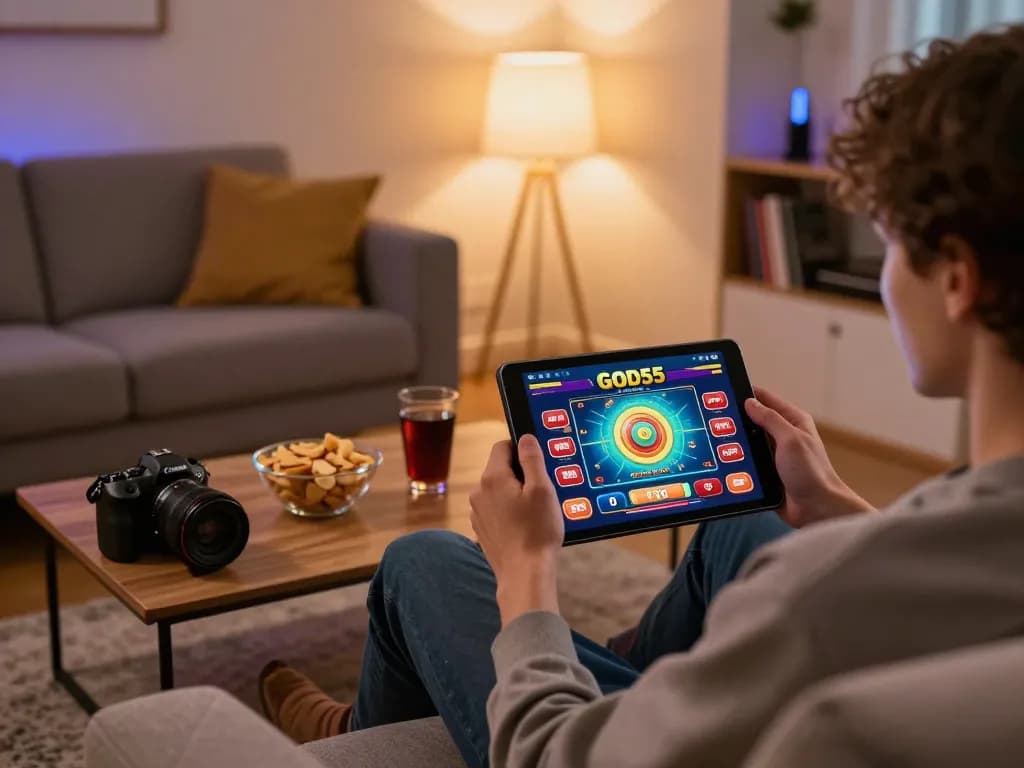 Engaging online gambling experience at God55 on tablet from a comfortable home setting.