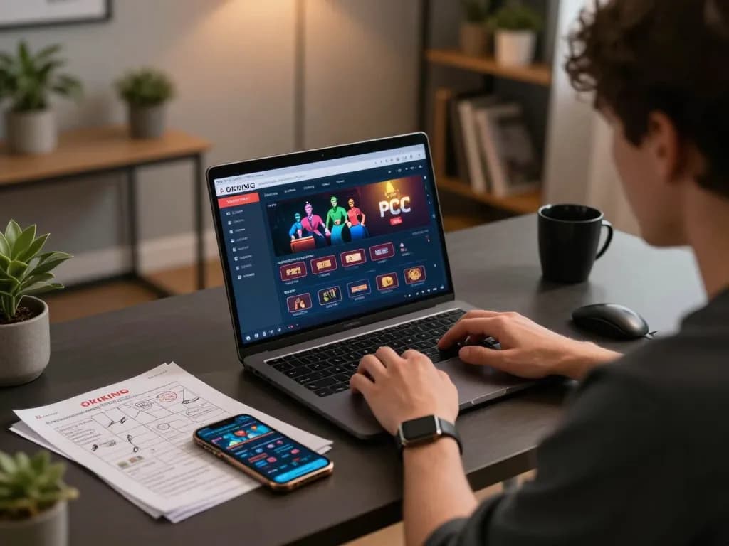 Engaging in online gaming at OKKING, showcasing laptop and strategy notes for better odds.