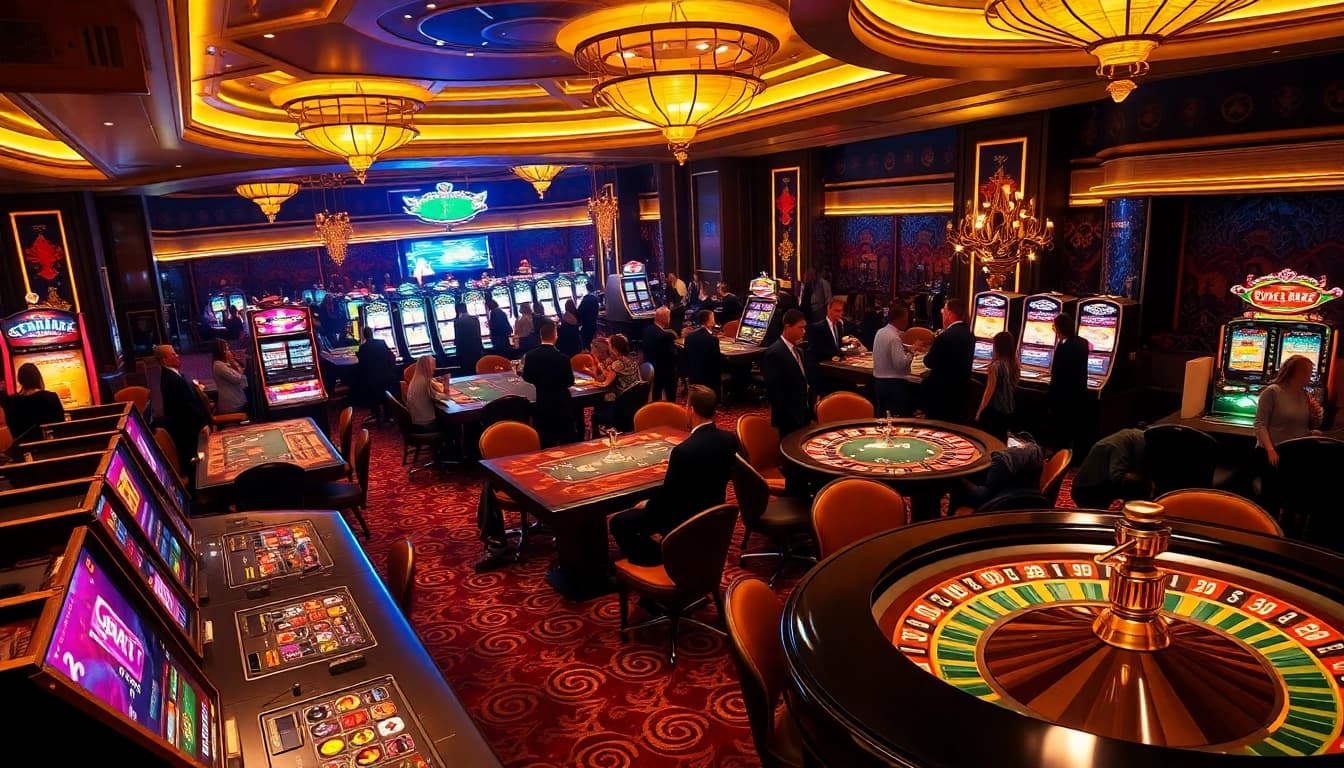 KQBĐ enthusiasts engaged in a thrilling casino atmosphere featuring poker games and slot machines.