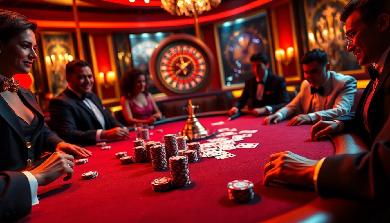 Players engaged in an intense poker game at qh88 casino, showcasing elegance and excitement.