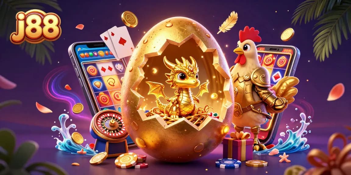 Engage with j88's thrilling slot gaming excitement featuring a golden dragon and poker chips.