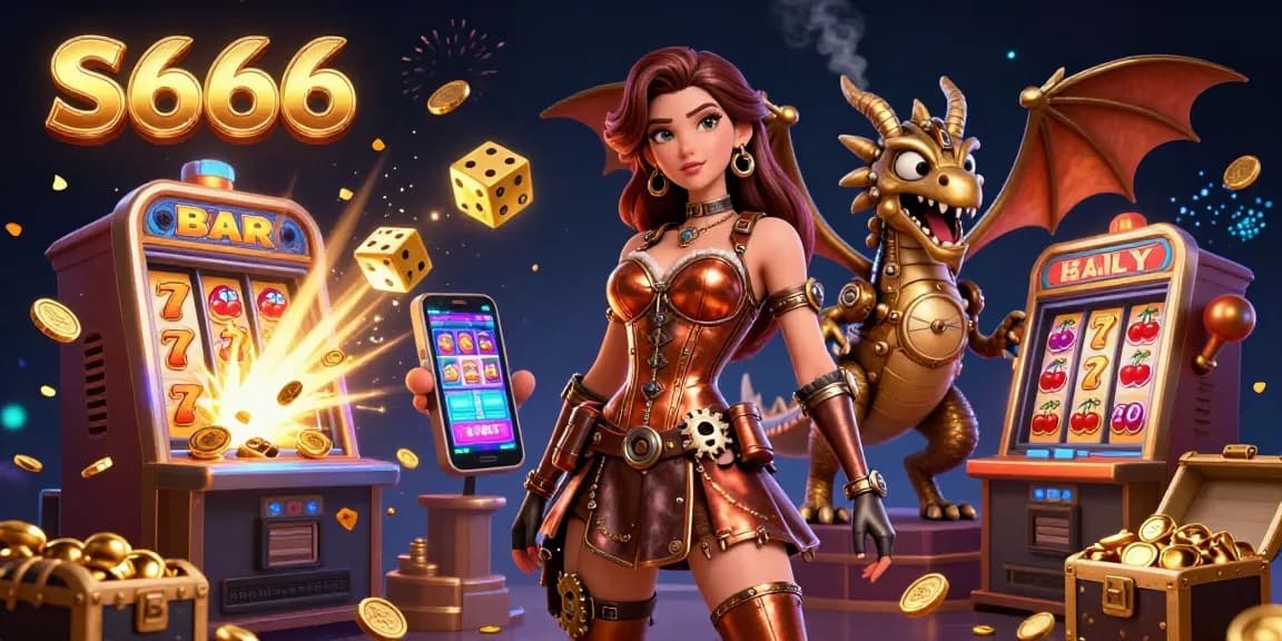 S666 players enjoy a vibrant jackpot scene filled with coins and slot symbols in a dynamic casino setting.