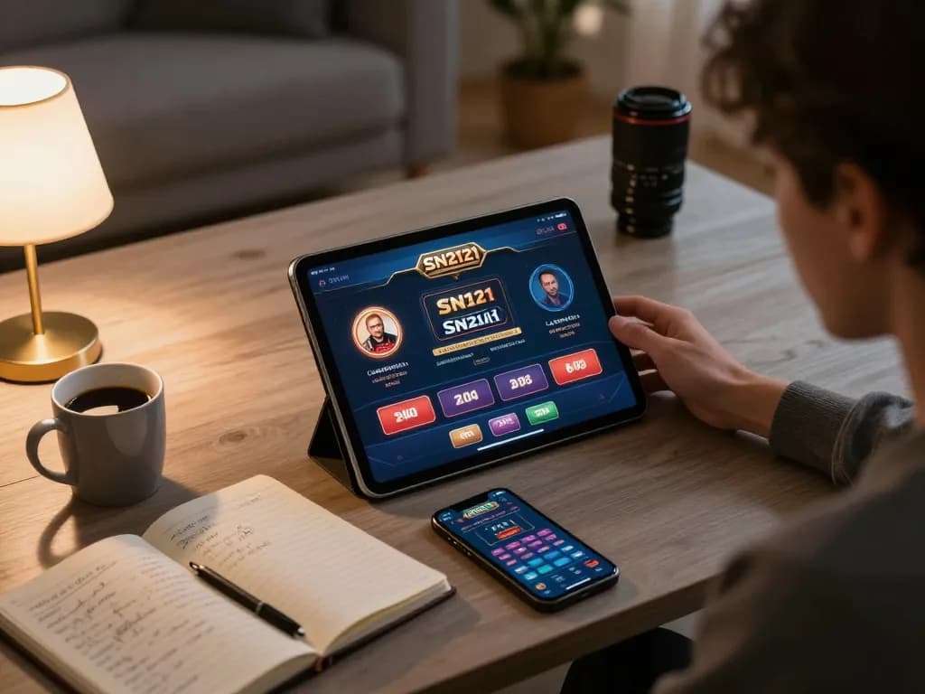 Pemain yang terfokus dalam sesi permainan online SN2121 di tablet, menampilkan lingkungan yang strategis dan menarik.