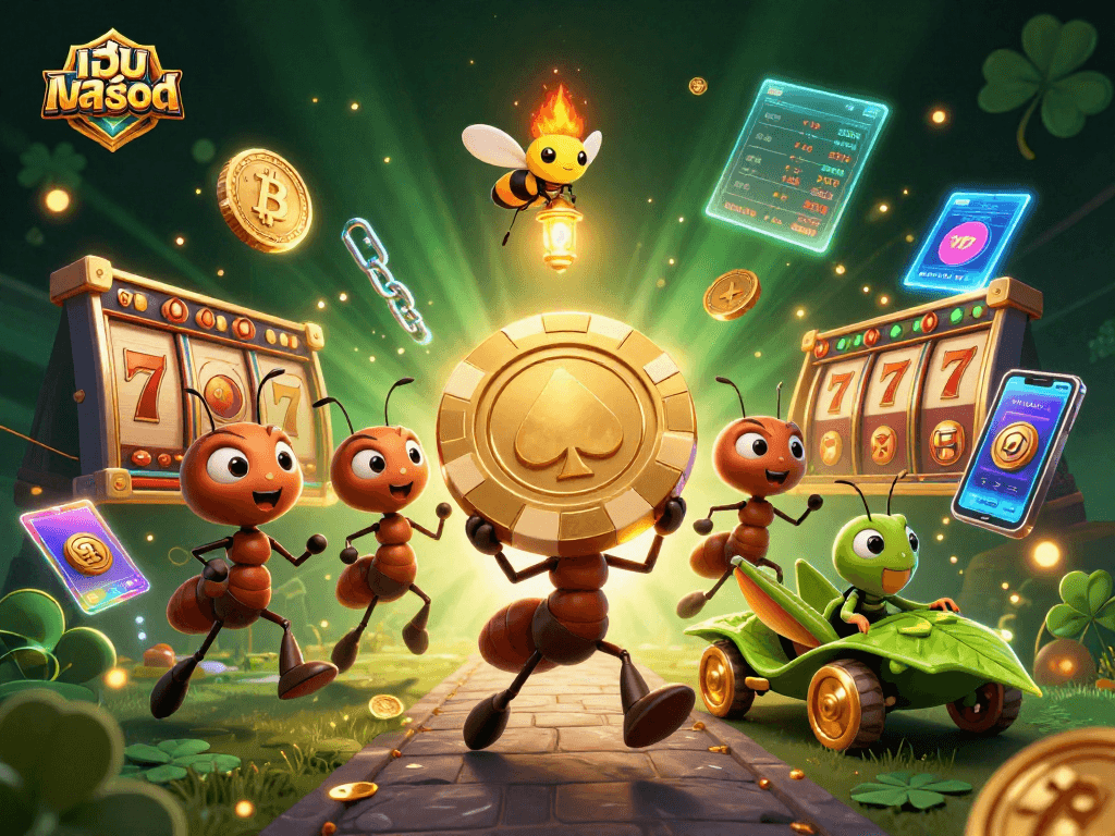 Experience the thrill of เว็บสล็อต with a 3D animated heist featuring ants, poker chips, and crypto coins.