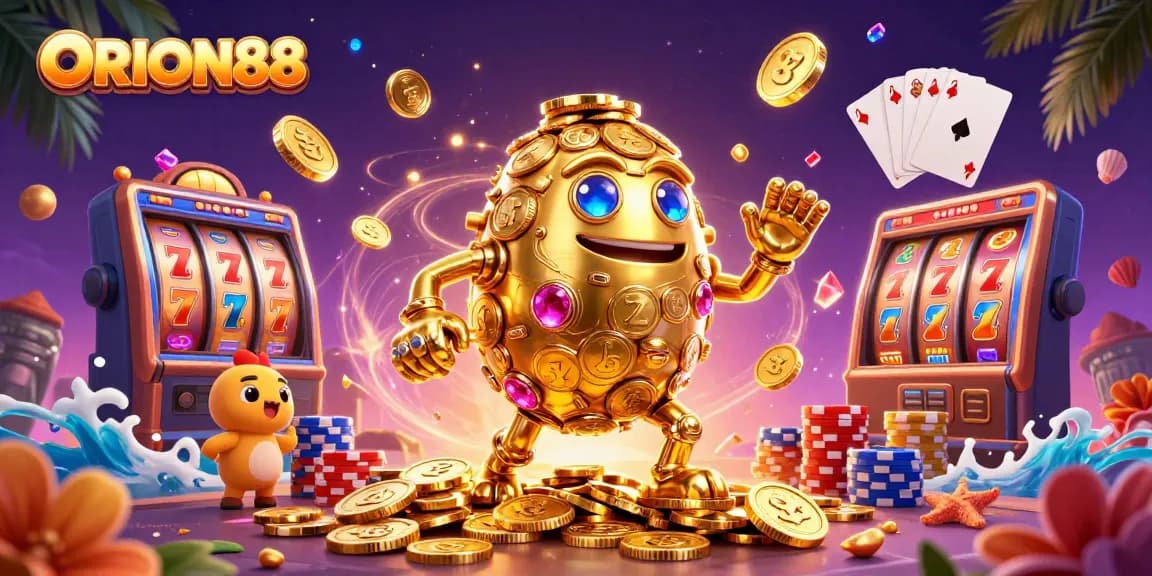 Engage with ORION88's thrilling slot experience featuring a golden golem amidst dynamic casino elements.