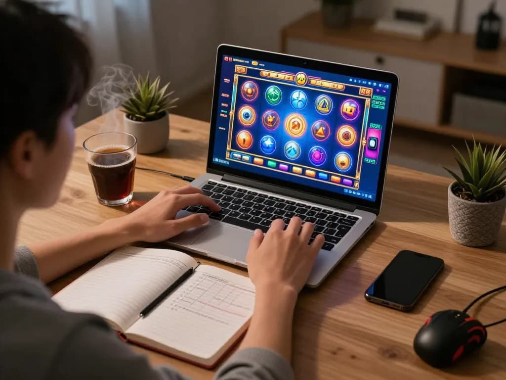 Engaging home gaming setup with person playing kdslots online slots, showcasing strategic notes and cozy environment.