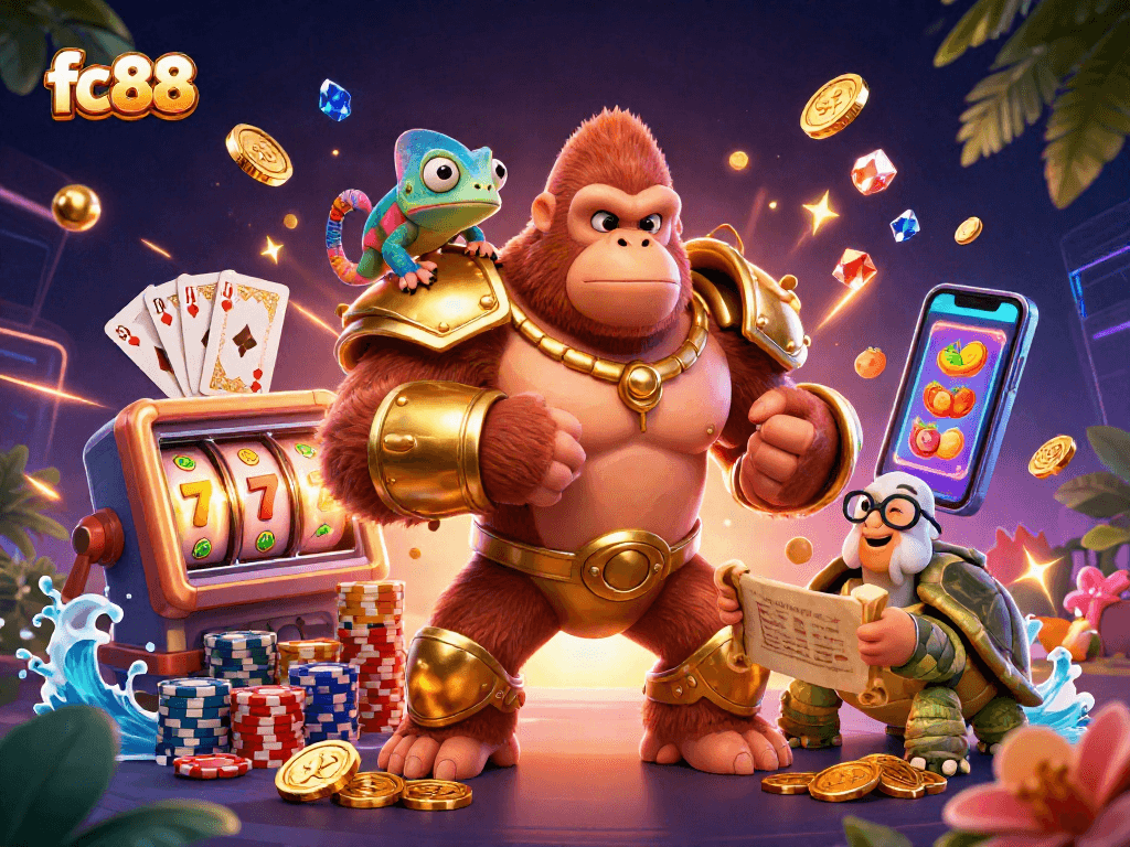fc88 khám phá cảnh trò chơi hấp dẫn với gorilla, tắc kè và rùa cầm cuộn sổ.