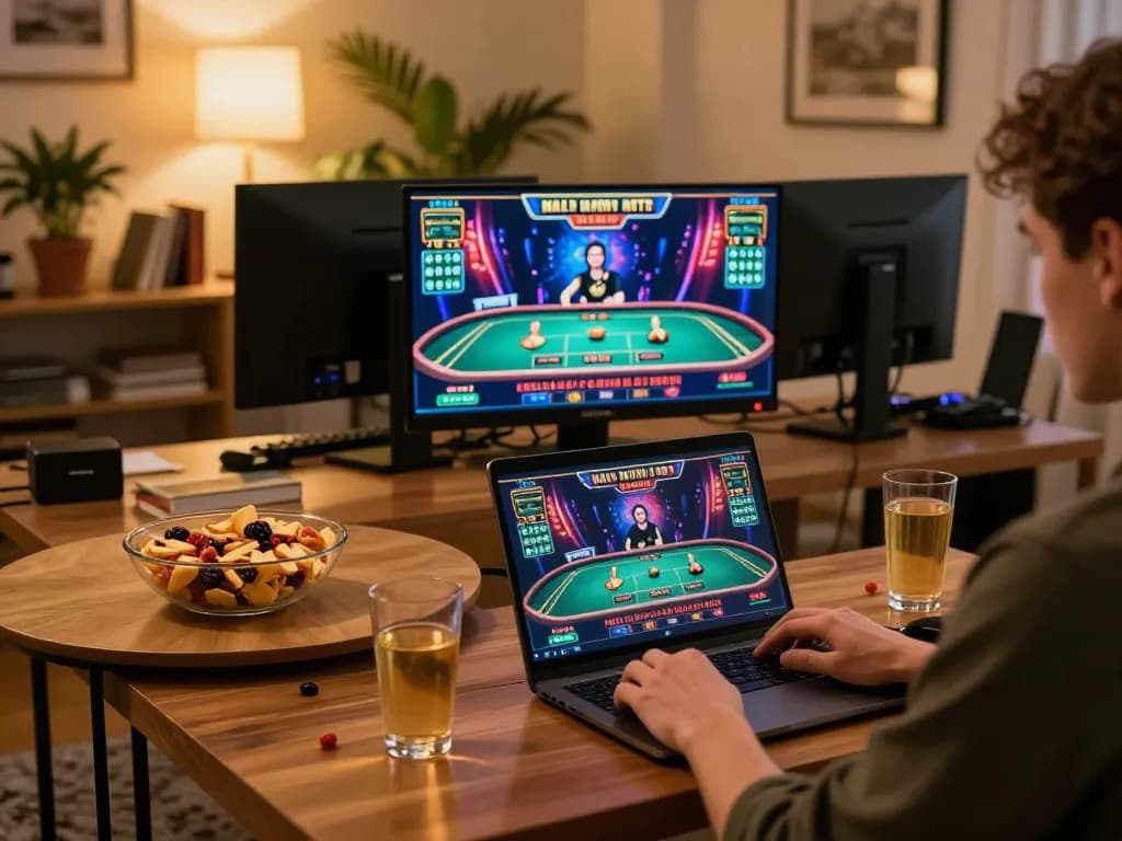 Player engaged in non UK casino gaming on a laptop at home, showcasing a comfortable gaming environment.