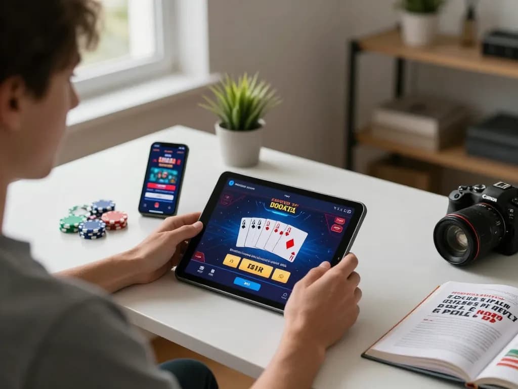 HM88 online poker gameplay on a tablet highlights strategic gambling in a cozy home office setup