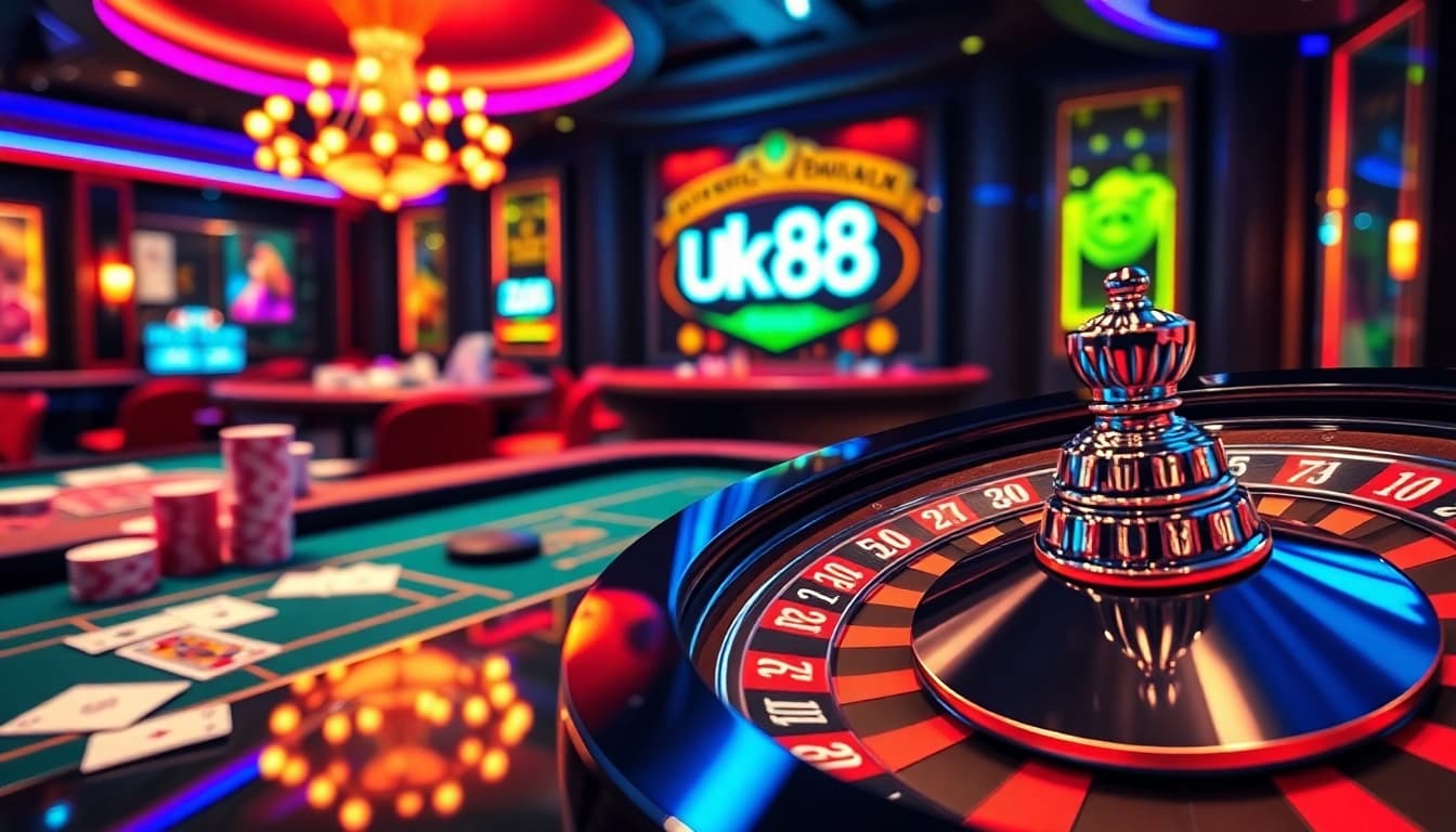 Engaging with exciting games on the UK88 platform, showcasing casino elements and online gambling excitement.