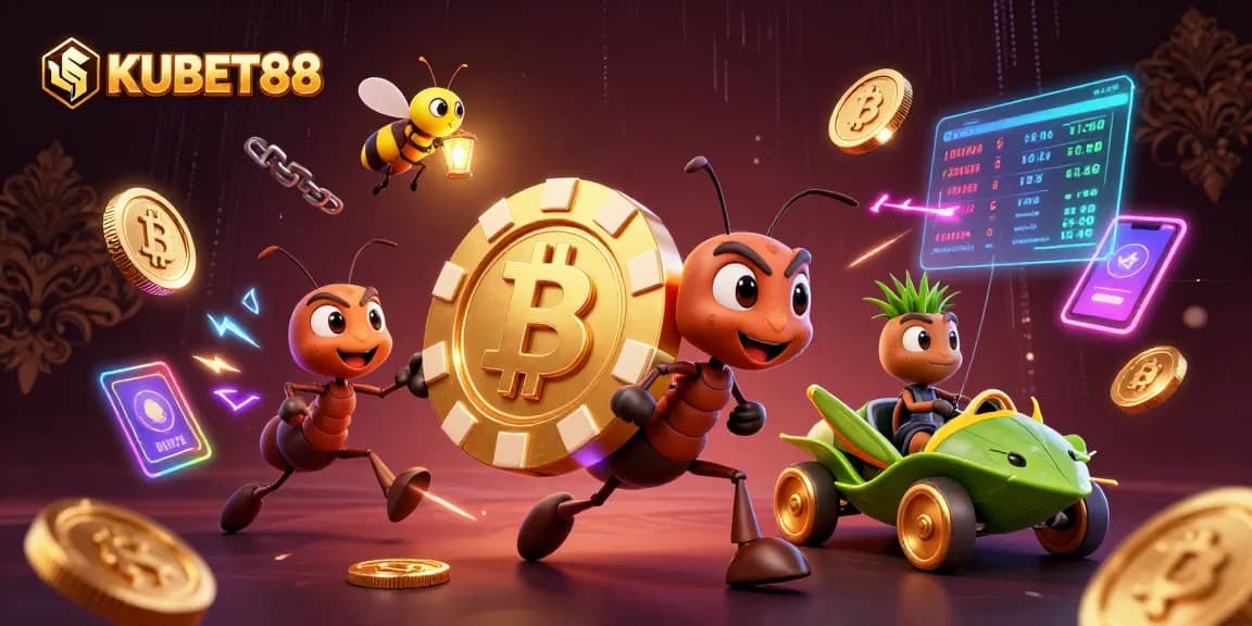KUBET88 invites players into a thrilling heist scene with charming cartoon characters amidst vibrant gambling elements.