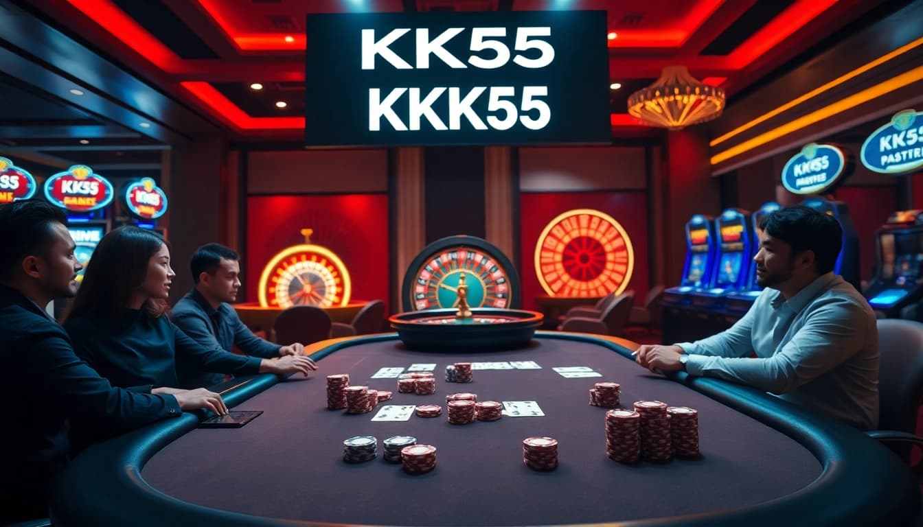 Players enjoying a game at KK55 casino with vibrant poker chips and lighting that enhances the gambling experience.