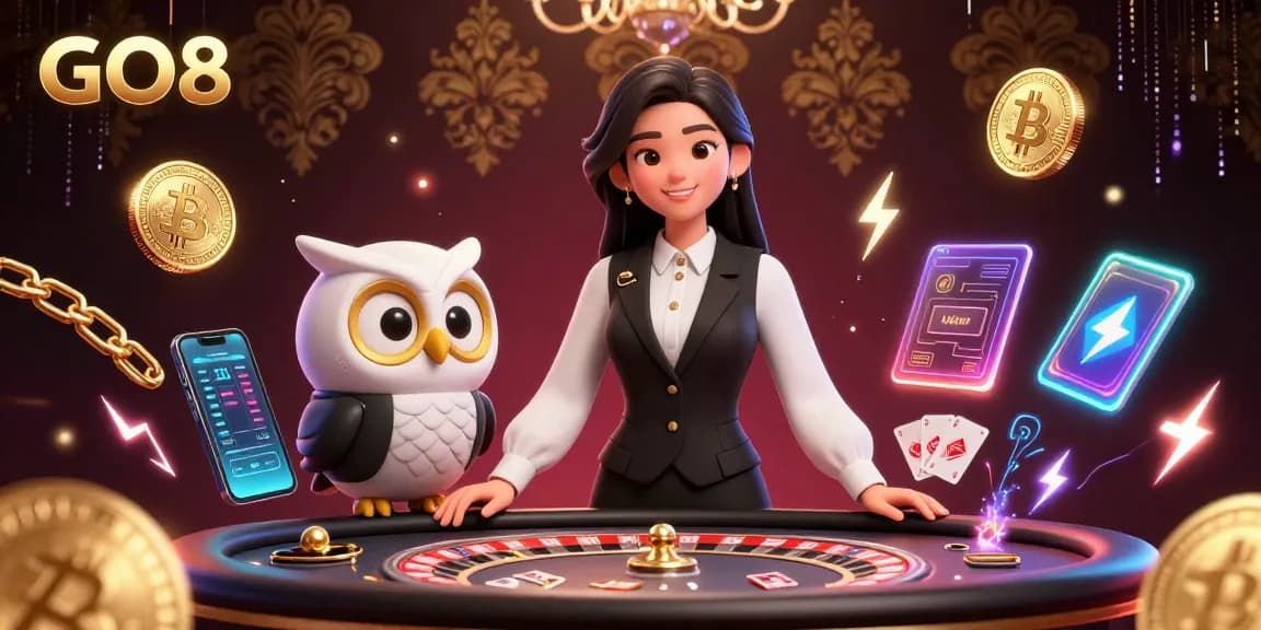 Experience GO8 with an elegant Asian dealer and charming owl assistant at a luxury baccarat table.