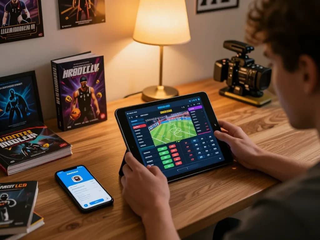 Engaging sports betting scene on Jeetbuzz app with interactive tablet interface and cozy home setting.