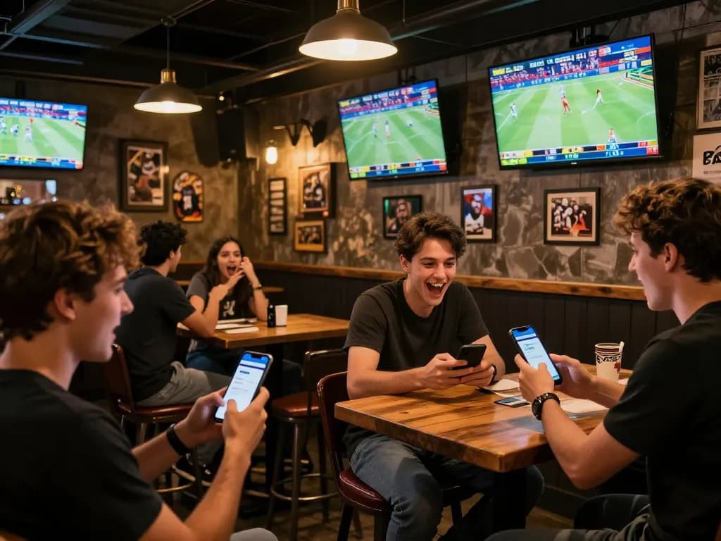 Fans betting on 8xbet in a lively sports bar during live games.