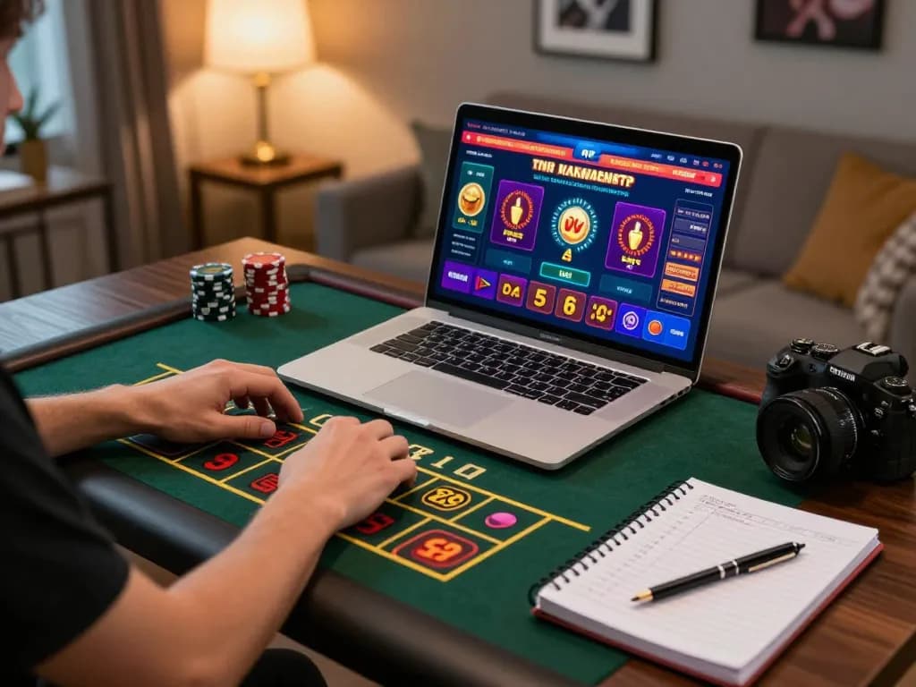 Sesi menarik di platform kasino BAGUS333 dengan seorang pemain yang melakukan taruhan strategis di laptop.