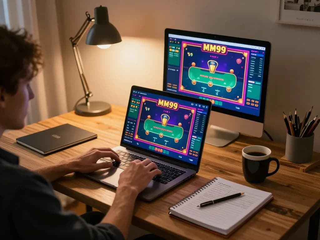 Engaged player strategizing on MM99 while playing poker on a laptop in a cozy home setup
