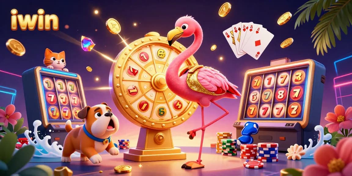 Spin the iwin prize wheel with cartoon characters in a vibrant casino scene filled with exciting game elements.
