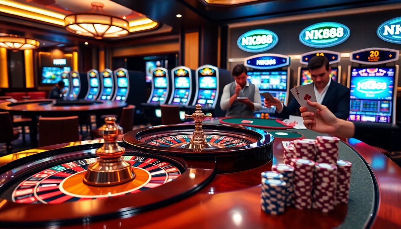 Players enjoying an NK88 themed poker game in a luxurious casino setting.