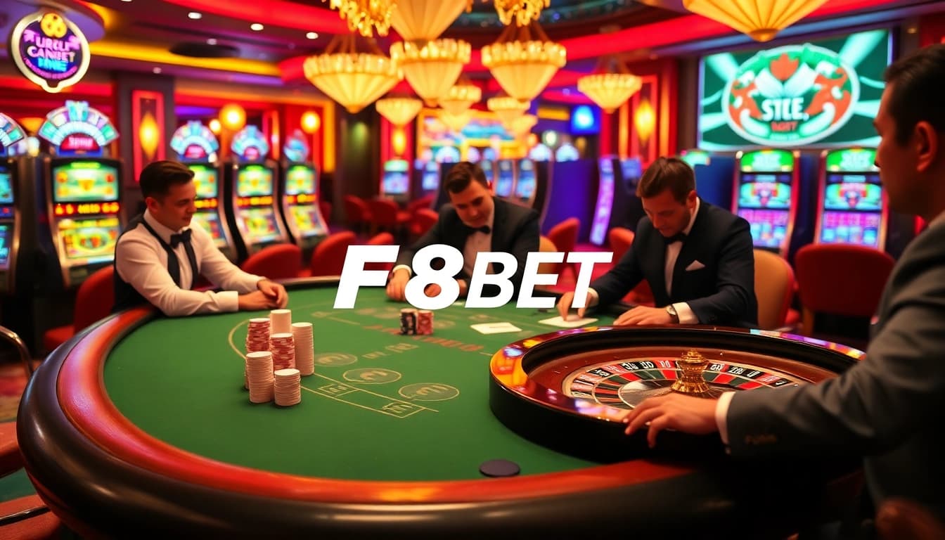 Engaged players enjoying high-stakes poker at F8BET casino tables, showcasing vibrant games.