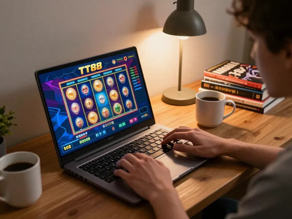 Player strategizing their next move on the TT88 online casino platform, surrounded by gaming notes and a cozy setup