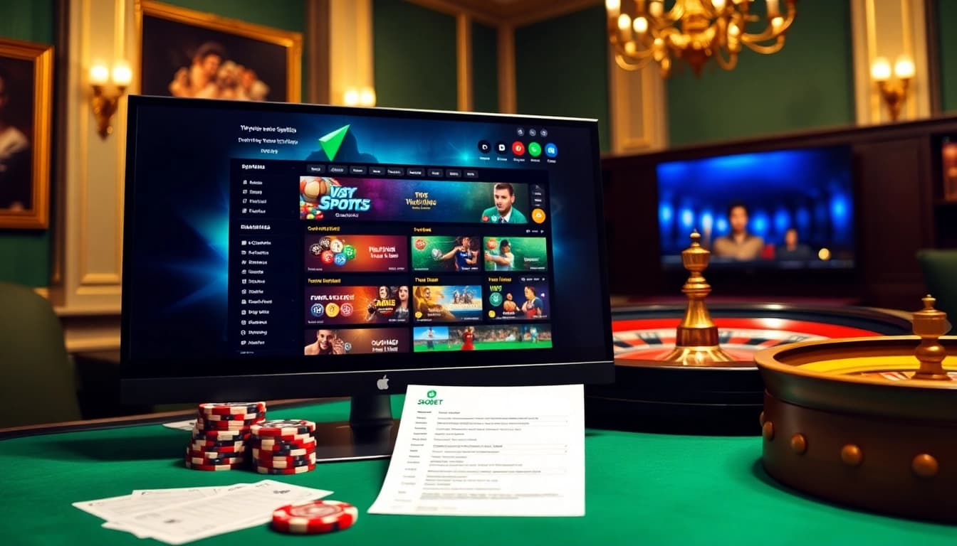 Experience sbobet login indonesia with a luxurious online gambling interface featuring sports betting options, poker chips, and roulette.