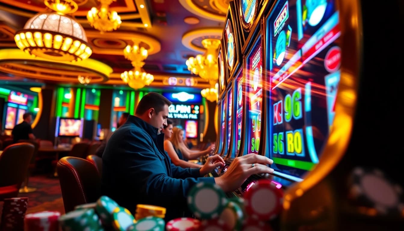 Pemain menikmati pengalaman permainan slot yang mendebarkan di kasino yang hidup.
