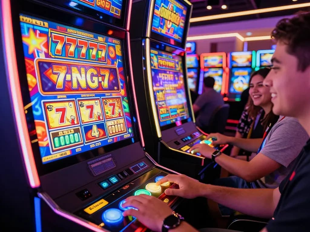 Exciting player engagement with a slot gacor 777 machine at a vibrant casino.