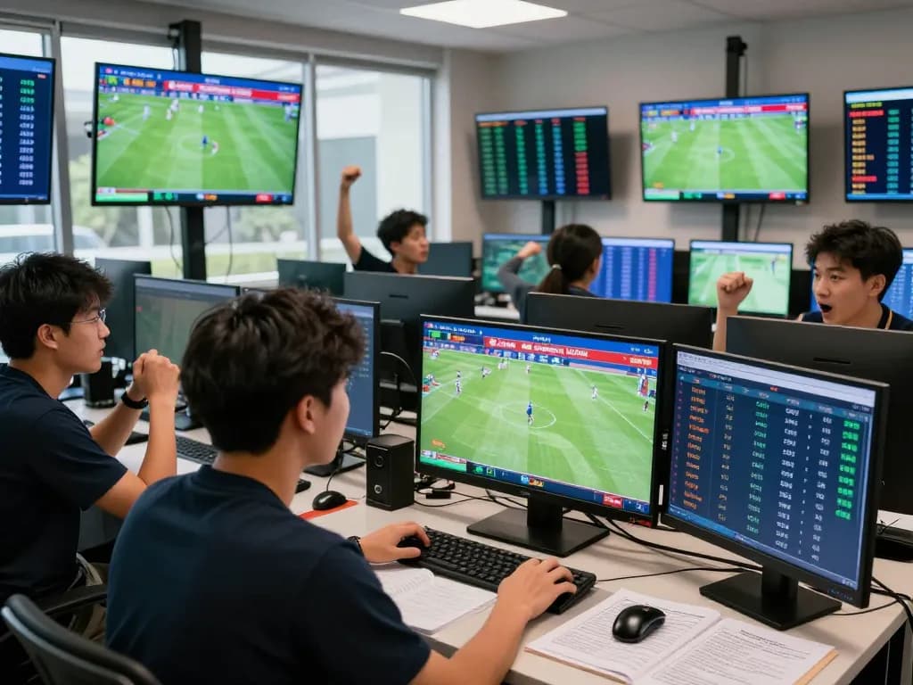 Person engaged in live sports betting on kèo nhà cái with multiple screens showing real-time odds.