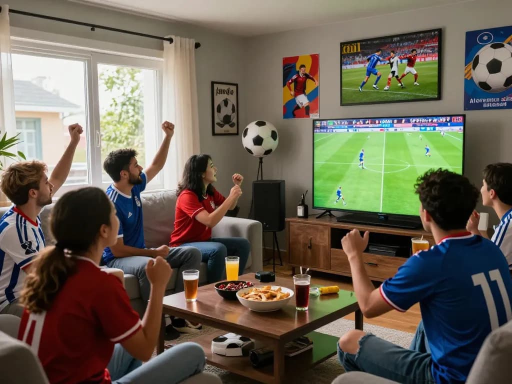 Fans watching luongsontv live football match with excitement in a vibrant home setting.